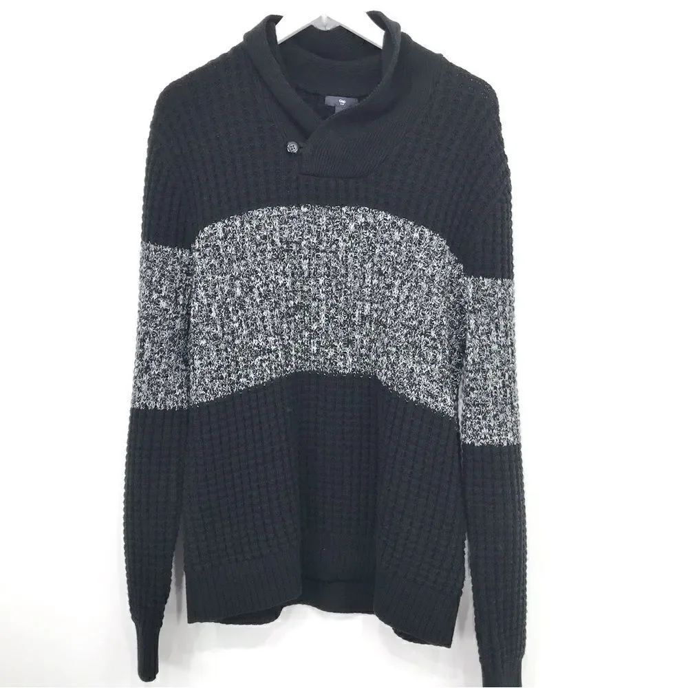 Gap Black Marled Colorblock Chunky Knit Pullover Collared Sweater